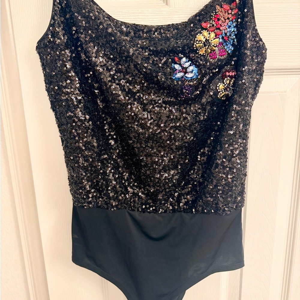 Pinko Black Sequin Bodysuit with Colorful Floral Design
